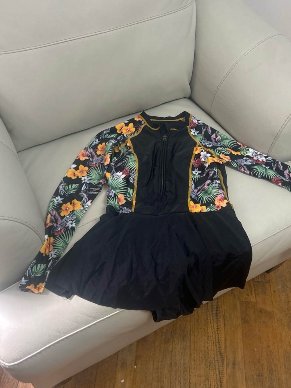 Long-Sleeve Floral Black Swim Dress